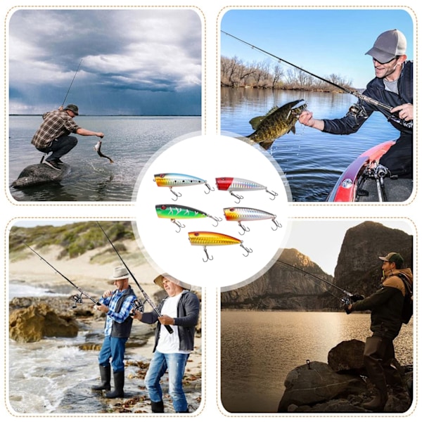 Set med 5 hårda fiskedrag - 6,5 cm/9 g popperbeten för bas i floder, sjöar och reservoarer, 5 färger