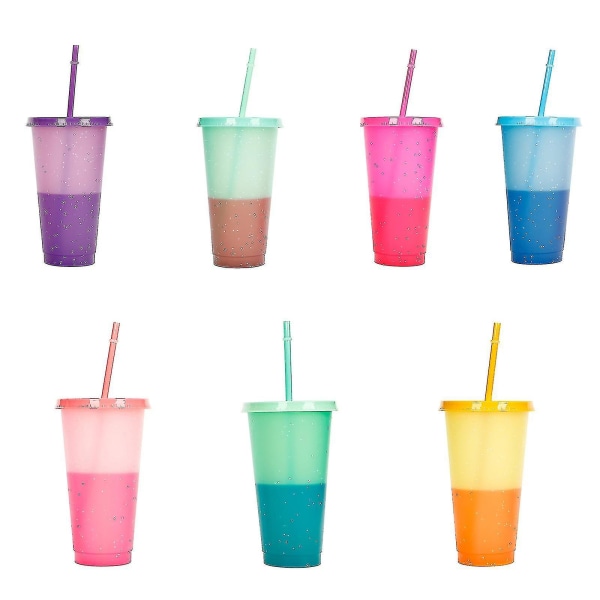 7 färgskiftande koppar med lock och sugrör Återanvändbara plasttumlare med lock och sugrör