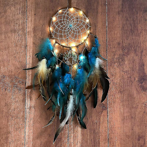 Dream Catcher Blue Tree of Life With Feather, Mobile Led Fairy Lights Håndlavede indianere Traditionelt cirkulært net kompatibelt med væghængende dekoration, B