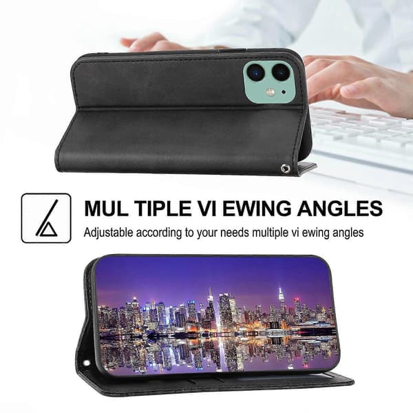 【BQ】Til iPhone 12 Cover, Læderpung Flip Cover Med Rem Black iPhone 12