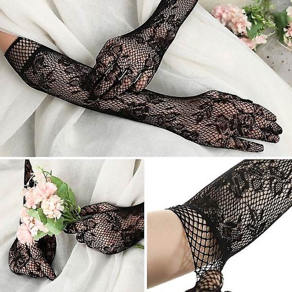 Dam Mesh Stretchig Blommig Brud Lång Spets Mesh Liturgy Handskar Gothic Punk Vantar Fancy Dress Jul Halloween Handskar Kort Stil Svart