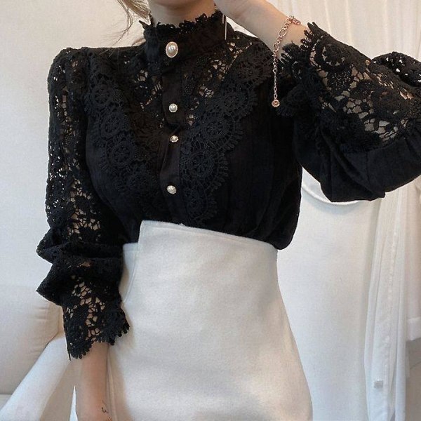 Naisten Paidat Vintage Solid White Pitsipusero Naisten Korean Button Löysä Paita Topit Ontot Kevät Casual Naisten Puserot Black XL