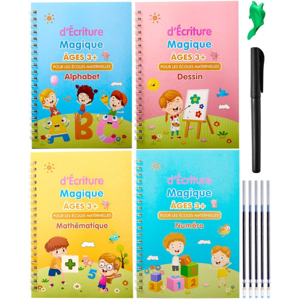 Magic Reusable Practice Notebook med 1 Magic Pen + 5 Refills + 1 Grip Corrector