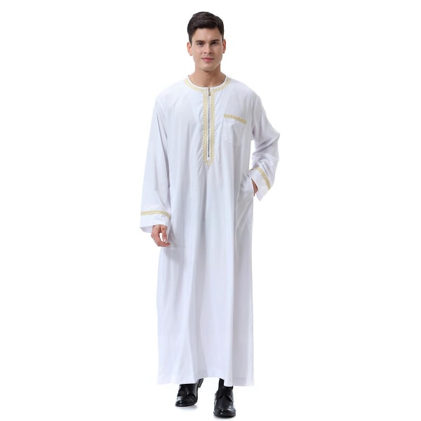 Män Muslim Saudi Robe Kaftan Dubai Tunika Long Top Blus Thobe White 3XL