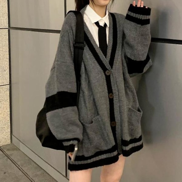 Deeptown grå stripet strikket genser cardigan kvinner koreansk stil Harajuku oversize genser Preppy mote dameoverdeler vinter