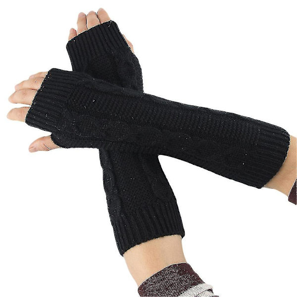 Naisten pitkät neulotut käsineet Sormettomat lapaset Käsivarrenlämmitin Paksu Thermal black