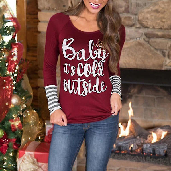 Hhcx-women Christmas Striped Long Sleeve T-shirt Blouse Tee Shirt Top Red 2XL