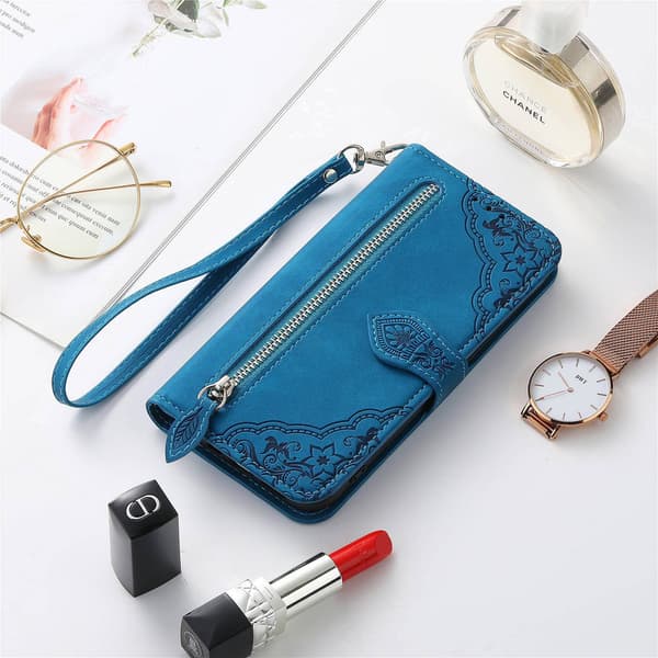 【BQ】iPhone-etui - Flip-læderetui med prægede kortpladser, blå til iPhone 12 Pro Max Blu Blue iPhone 12 Pro Max