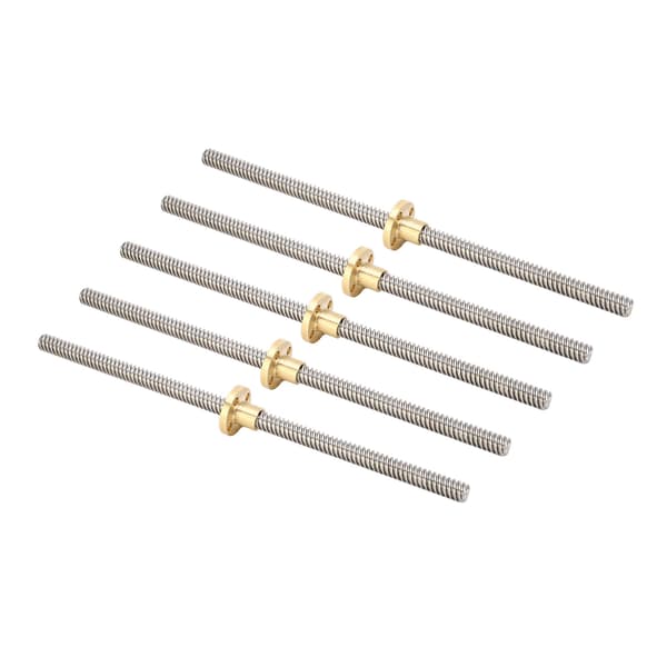 5 stk. T8 ledeskrue 2 mm stigning 8 mm ledning 200 mm lineær bevegelse gjenget stang med messingmutter for 3D-printer