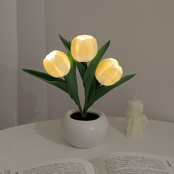 Led Tulip Lampe Natlys Til Indendørs Dekoration Bordlampe Kunstig Urtepotte Atmosfære Lampe Sengelampe Gave Landskab 3 Heads Yellow Battery