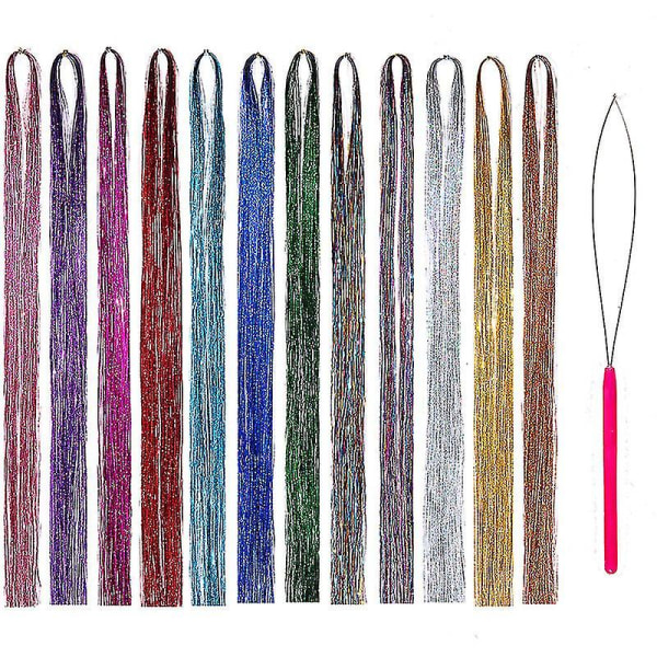 Hair Tinsel Kit Strands With Tool 47inch 12 Colors Strands Fairy Hair Tinsel Kit Hair Extensions Sparkling Glitter Shiny Silk Tinsel (12 Colors)