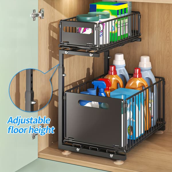 【BQ】2-Tier Pull-Out Storage Basket No Drilling Foldable Metal Sliding Organizer for Under Sink Cabinet