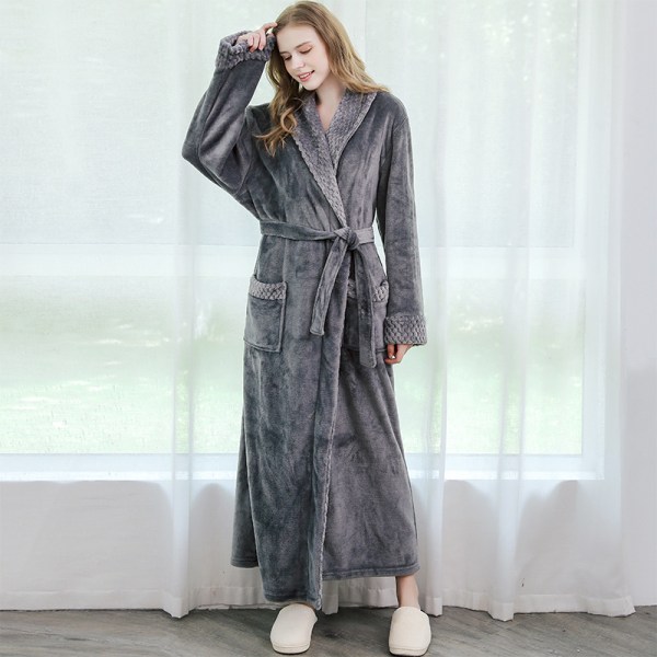 ny stil Ladies Long Bathrobe Women Microfiber Winter Warm Fluffy Dressing Gown Sauna Robe Sleepwear Christmas Gift - Gray M