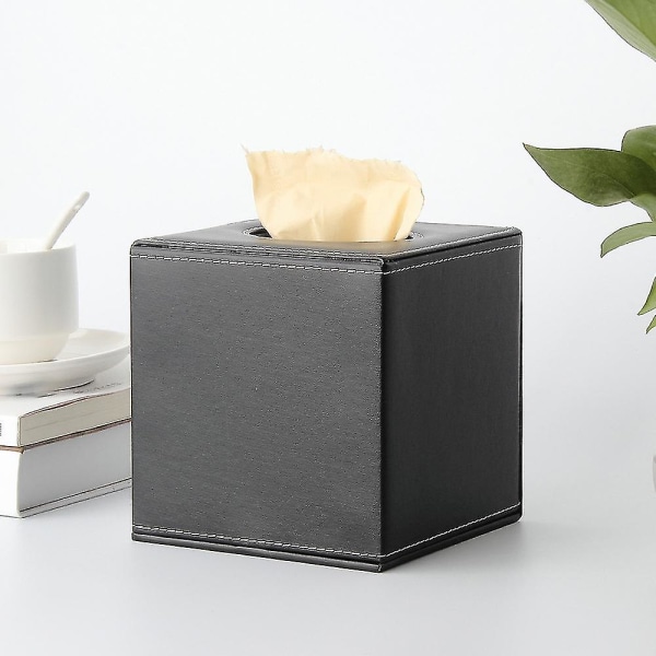 Square Tissue Box Pu Læder Tissue Box Holder til Kommode Badeværelsesindretning (sort)