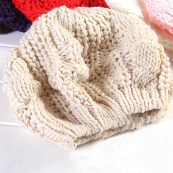 Hhcx-kvinner Vinter Varm Strikket Tykk Hekle Slouch Stretch Dame Beanie Varm Lue Beige