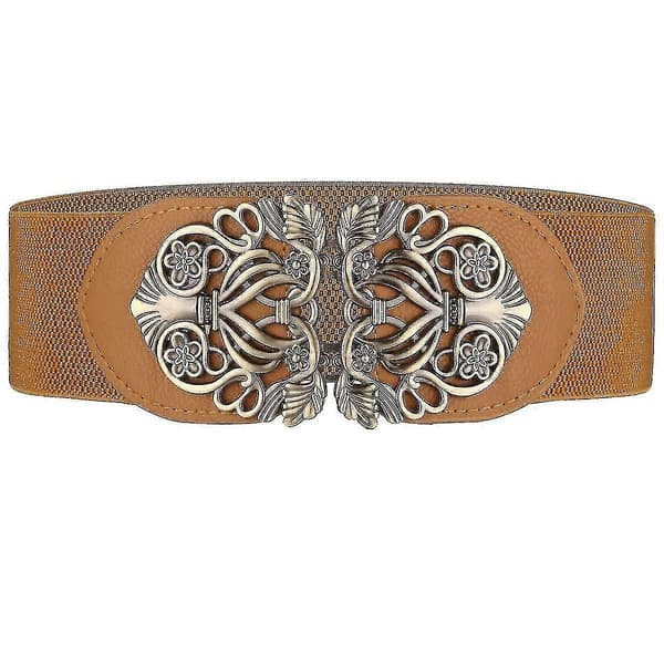Bredt elastisk midjebelte for kvinner, 2 stk. Retro elastisk midjebelte for kjole, brunt og beige