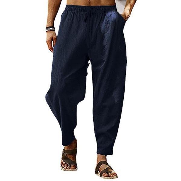 Pustende bukser i bomull, lin for menn, mørkeblå XL