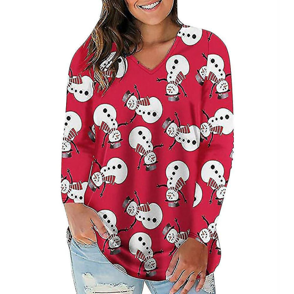 Hhcx-women Christmas Novelty Print T-shirt Jumper Xmas Blouse Tee Shirt Top Red Snowman 4XL