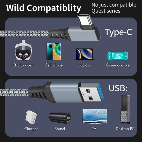 Link-kabel for Oculus Quest 2, rask lading & dataoverføring via PC USB-C 3.2 Gen1 5gbps PD overføringsladekabel VR-hodetelefon Link-kabel Grey 3M