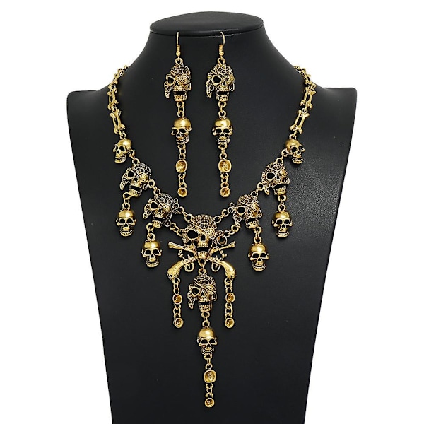 Halloween set - europeisk och amerikansk punk hip-hop stil, vintage legering pirat skalle och tofs halsband Gold Suit