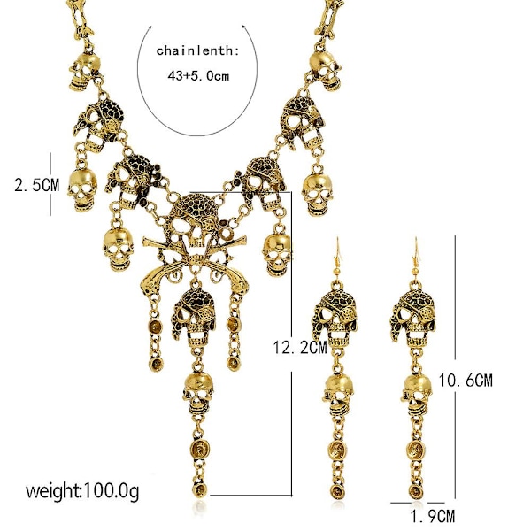 Halloween set - europeisk och amerikansk punk hip-hop stil, vintage legering pirat skalle och tofs halsband Gold Suit