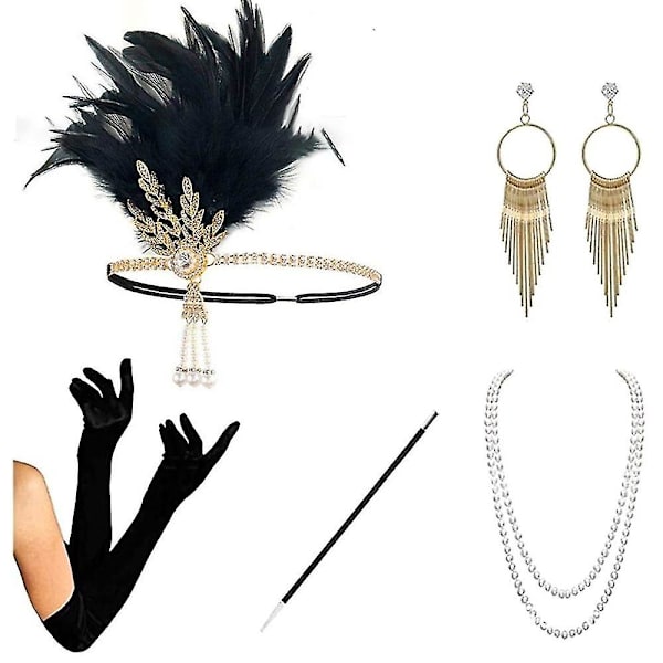 1920'er tilbehørssæt Flapper pandebånd, øreringe, perlehalskæde, handsker Style 2
