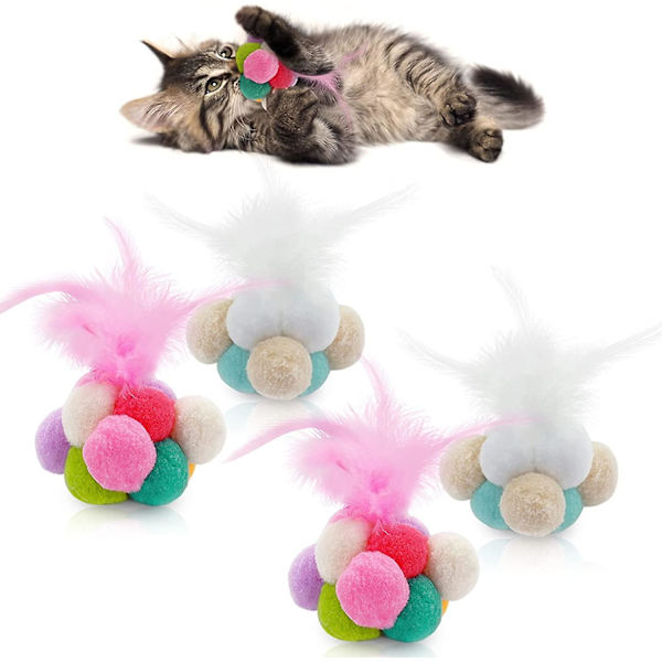 Katt färgglada bollar med klocka 4 delar färgglad plysch studsboll katt plysch boll leksaker katt boll