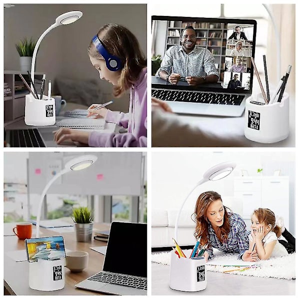 Led bordslampa för barn, ögonvårdande skrivbordslampor för hemmakontor med klocka, kalender och pennhållare, pekkontroll, steglös dimbar, USB laddningsstut