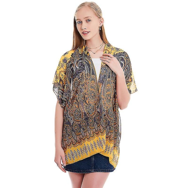 Kvinder Boho Chiffion tørklæde tørklæder Soft Wrap Sjal Stole Kortærmet Bluse Top Yellow