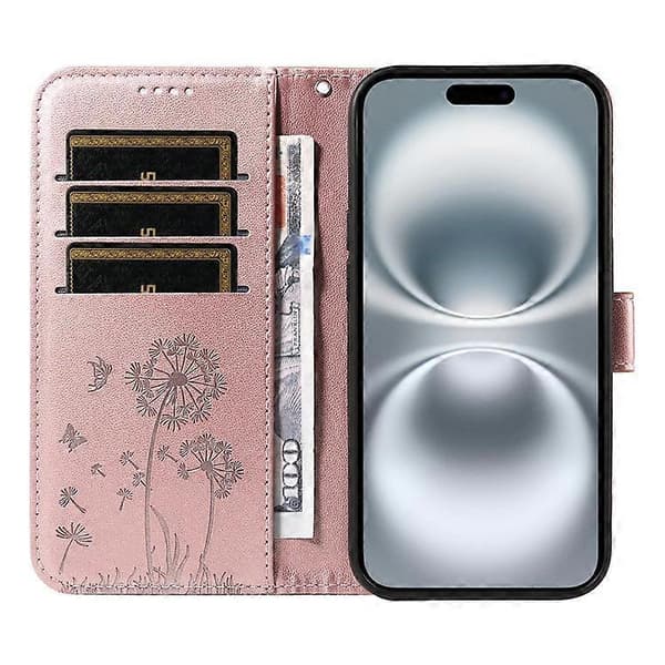 Kompatibelt läderfodral plånboksfodral med maskrostryck för iPhone 16 PinkGold
