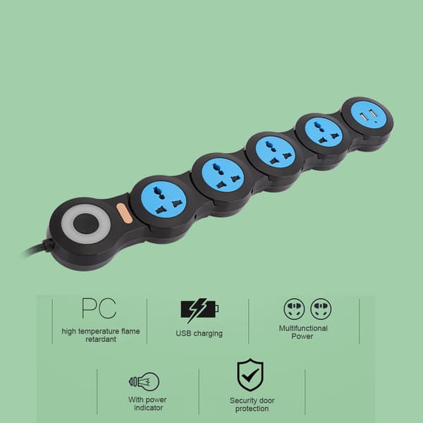 Multifunksjonell strømstripe med 5 uttak og USB-port