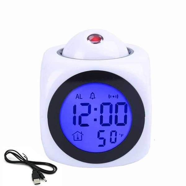 [BQ]LED Projektionsväckarklocka med Rösttidsrapport, Multifunktionell Digital Klocka med Stor Display för Sovrum - Vit White