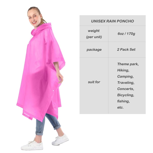 Regnponchoer for kvinner og menn (2-pakning) med hette med snøring for voksne Pink