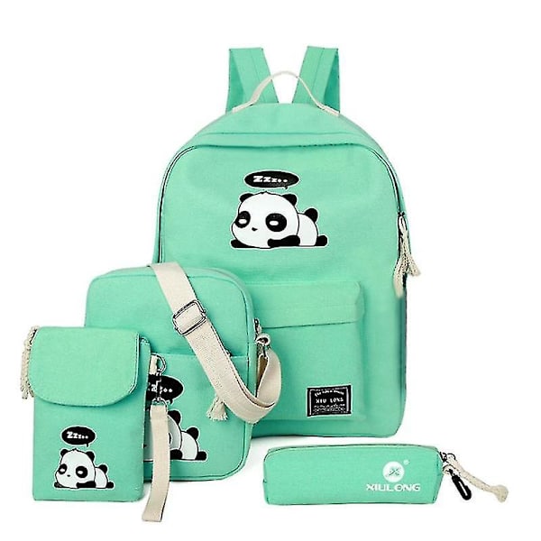 Slitstark 4 delar/ set söta kvinnors flicka Panda Print Shoulder Skolväska Green
