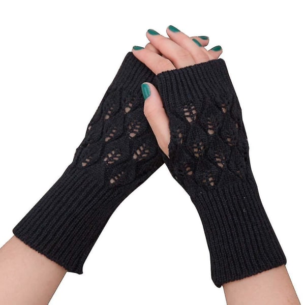 Lange håndbroderte hansker for kvinner strikket varm for vinteren Fingerless Black Light Gray