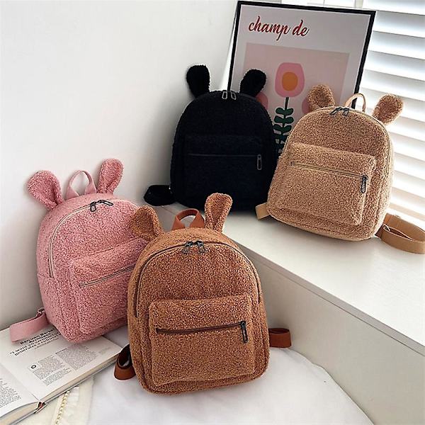 Fuzzy Rabbit Ryggsäck Fluffy Plush School Enfärgad Söt väska med kaninöron Blixtlåsöppen plysch axelväska för kvinnor tjejer camel