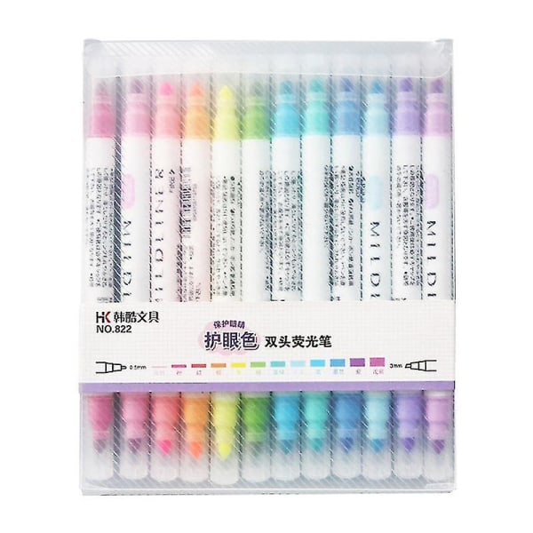 12 Lys farve Highlight Pen Dobbeltsidet Highlighter Pen Tegneværktøjer