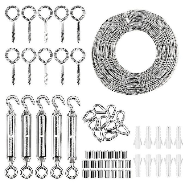 Upphängningssats för rep i rostfritt stål, upphängningssats för trädgårdstråd / kabelupphängning / utomhus Fairy Lights staketrulle (30m)