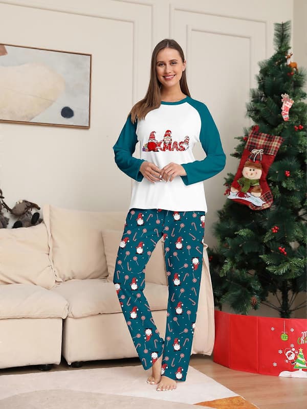 【BQ】Julparpyjamas set Tomte \"Xmas\" tryck Raglanärm Blågrön Vit Nattkläder SD-589-Dad M