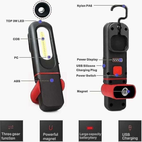 2-i-1 genopladelig LED-arbejdslampe, 360° rotation, magnetisk base og krog