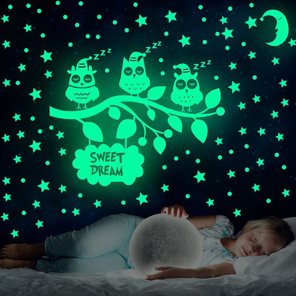 Glow-in-the-mørke ugle, trægren og stjerneklistermærker - indretning til børneværelset 30*20CM