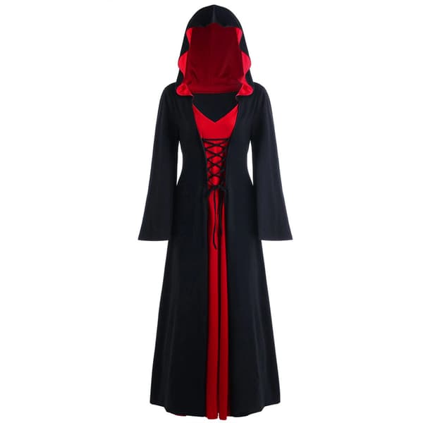 Voksen Halloween-kostume til kvinder, middelalderlig hættekjole Cosplay