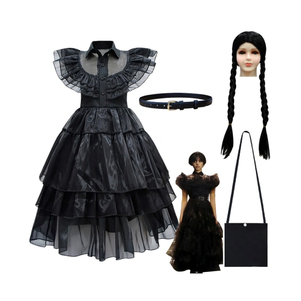 Addams Cosplay Klänning Halloween Kostym för barn Flickor med väska och peruk Storlek 140cm
