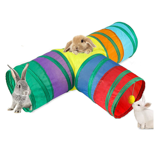 Bunny Tunnels & Tubes Hopfällbara 3 Way Bunny Hideout Smådjursaktivitetssleksaker til dvärgkaniner Multicolor