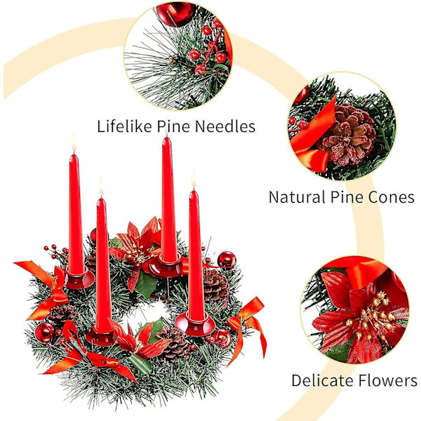 Adventskrans konstgjord ljusstake-julkrans med 4 ljusstakarröd,30 Cm