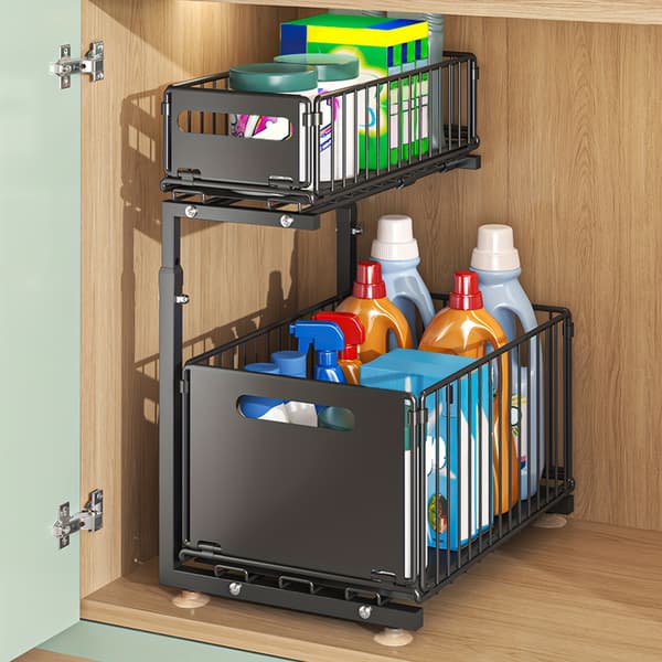 【BQ】2-Tier Pull-Out Storage Basket No Drilling Foldable Metal Sliding Organizer for Under Sink Cabinet