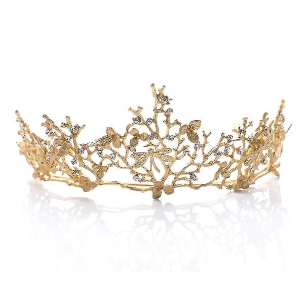 Crown Gold Tiara, bryllup brude hår, tilbehør Dragonfly pandebånd til kvinder og piger, rosa guld tone