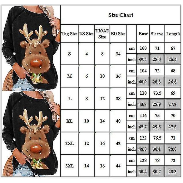 Hhcx-christmas Tunic Women Long Sleeve T-shirt Xmas Elk Printed Blouse Tops Dark Gray XL