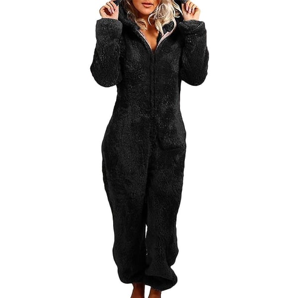 Women Fluffy Fleece Hooded Jumpsuit Black L