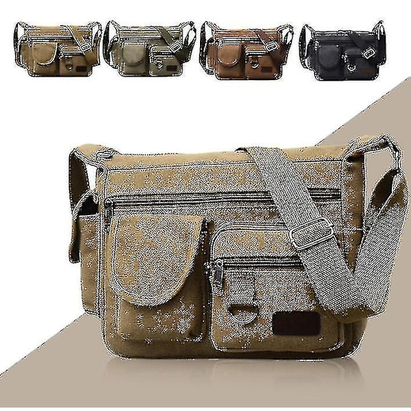 Mænds Retro Canvas Messenger Bag, Udendørs Rejser Stor kapacitet afslappet skuldertaske Khaki